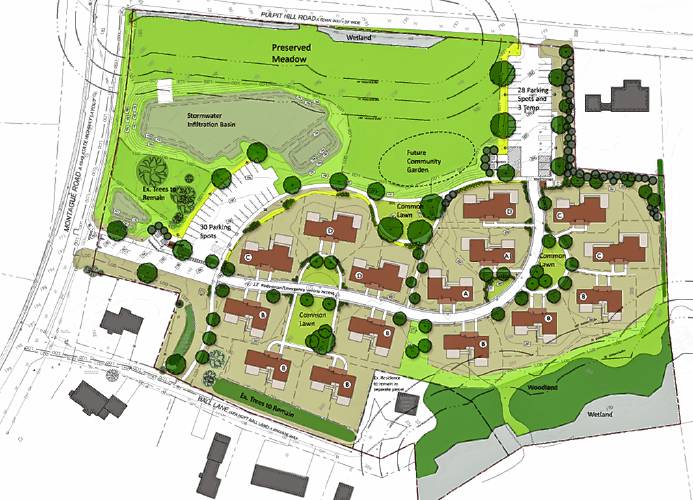 Layout of Amherst Community Homes, as prepared by Austin Design Cooperative, Dodson & Flinker Landscape Architecture and Planning and Stonefield Engineering & Design.