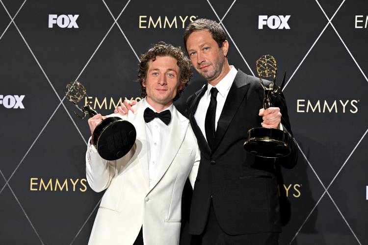 Ebon Moss-Bachrach, right, and outstanding lead actor in a comedy series Jeremy Allen White pose during the 75th Emmy Awards in Los Angeles on Monday. 